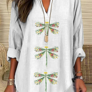 Women Dragonfly Long Sleeve Blouse Spring/Fall Printing V Neck Daily Casual Top, JustFashionNow Shirts, color:White|size:5XL,