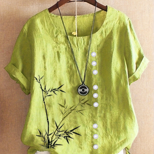 Women Floral Short Sleeve Shirt Summer Printing Crew Neck Daily Casual Top, JustFashionNow Shirts, color:Green|size:4XL,