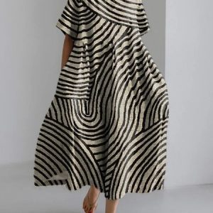 Women Striped Crew Neck Short Sleeve Comfy Casual Maxi Dress, Dresses, color:As Picture|size:3XL, catalog Noracora shop