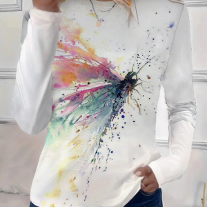 Women Butterfly Long Sleeve Tee T-shirt Crew Neck Printing Casual Spring/Fall Graphic Tee Top, JustFashionNow T-Shirts, color:White|size:XXL,
