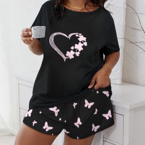 Plus Size Butterfly Star Lucky Shamrock Heart Print Pajamas Set, women Loungewear, ChicMe catalog