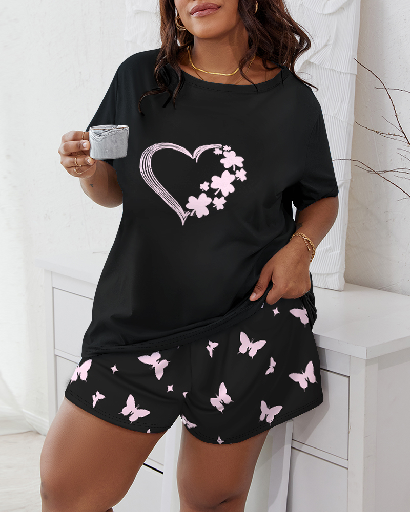 Plus Size Butterfly Star Lucky Shamrock Heart Print Pajamas Set, women Loungewear, ChicMe catalog