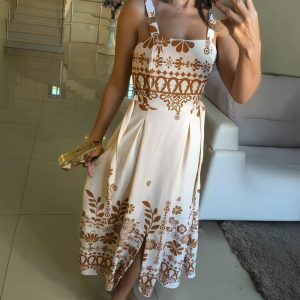 Floral Print Square Neck Vacation Maxi Dress Casual Shirred Slit A Line Dress, women Print Dresses, ChicMe catalog