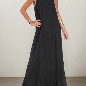 STYLE WE x CHILLINEN | Vacation Plain Pocket Stitching Square Neck linen-cotton Maxi Dress, Maxi Dresses, color:Black|size:XXL, Stylewe
