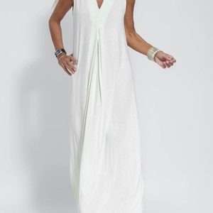 Women Plain V Neck Sleeveless Comfy Casual Split Joint Maxi Dress, Dresses, color:White|size:3XL, catalog Noracora shop
