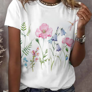 Women's Floral Spring Print Casual Round Neck Short Sleeve T-Shirt, T-shirts, Lilicloth.com