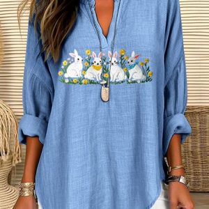 V Neck Long Sleeve Geometric Regular Micro-Elasticity Regular Fit Shirt For Women, Shirts, color:Light Blue|size:4XL, catalog Noracora shop