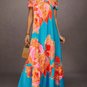 Vacation Floral Printing Breeze Off-Shoulder Maxi Dress, Maxi Dresses, color:As Picture|size:XXL, Stylewe