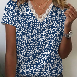 Women Floral Short Sleeve Tee T-shirt V Neck Printing Casual Summer Graphic Tee Top, JustFashionNow T-Shirts, color:Purplish Blue|size:4XL,