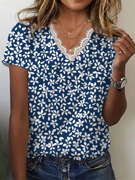 Women Floral Short Sleeve Tee T-shirt V Neck Printing Casual Summer Graphic Tee Top, JustFashionNow T-Shirts, color:Purplish Blue|size:4XL,