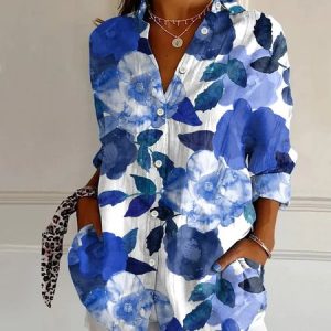Women Floral Long Sleeve Shirt Spring/Fall Buckle Shirt Collar Daily Casual Top, JustFashionNow Shirts, color:Blue|size:XXL,
