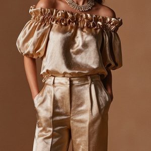 Elegant Plain Gathered Cold Shoulder Puff Sleeve Blouse, Blouses and Shirts, color:Champagne|size:XXL, Stylewe