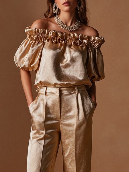 Elegant Plain Gathered Cold Shoulder Puff Sleeve Blouse, Blouses and Shirts, color:Champagne|size:XXL, Stylewe