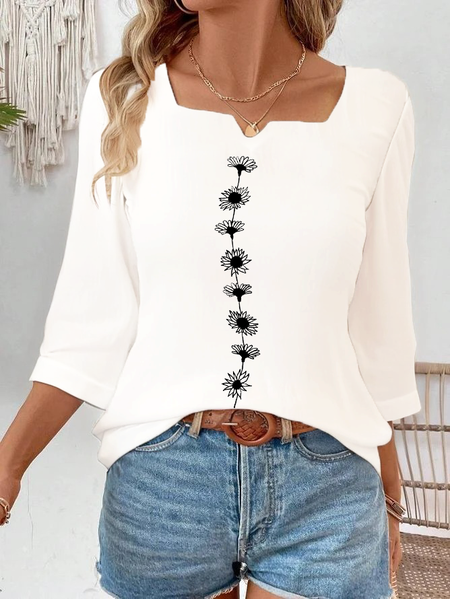 Women Floral Three Quarter Sleeve Blouse Spring/Fall Printing Notched Daily Casual Top, JustFashionNow Blouses, color:Off White|size:XXL,