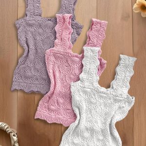 3-Pack Wide Strap Tank Tops Lettuce Trim Cami Tops with Floral Jacquard, women Tanks & Crop Tops, ChicMe catalog
