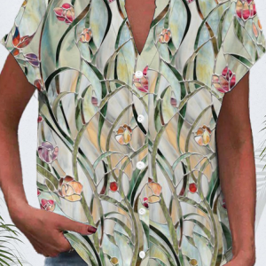 Women Floral Short Sleeve Shirt Summer Buckle V Neck Daily Casual Top, JustFashionNow Shirts, color:Green|size:4XL,