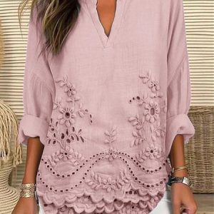 Women Floral Long Sleeve Shirt Spring/Fall V Neck Daily Casual Top, JustFashionNow Blouses, color:Pink|size:5XL,