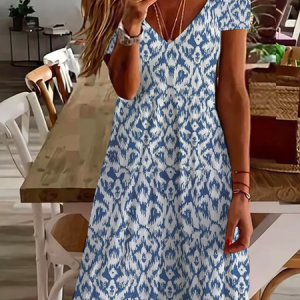 Women Abstract Graphic Short Sleeve Summer Printing Dress V Neck Daily Casual Midi Fit & Flare Dress A-Line Dress, JustFashionNow Casual Dresses, color:Blue|size:5XL,