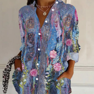 Shirt Collar Long Sleeve Floral Buckle Regular Loose Button Up Shirt Shirt For Women, Shirts, color:Purple|size:XXL, catalog Noracora shop
