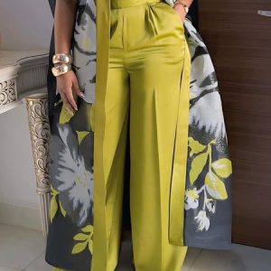 Satin Elegant Plain Wide Leg Pants, Pants, color:Yellow|size:XXL, Stylewe