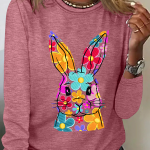 Happy Easter Bunny Flowers Print Casual Long Sleeve Shirt, Long sleeves, Lilicloth.com