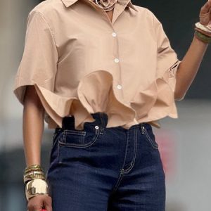 Cotton Urban Plain Shirt Collar Shirt With 3D Floral Choker, Blouses and Shirts, color:Khaki|size:XXL, Stylewe