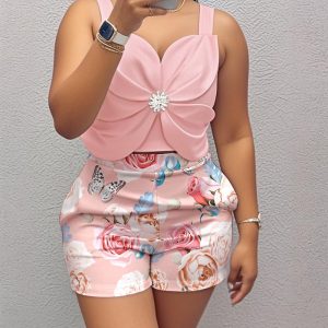 2 Pieces Outfit 3D Flower Thick Strap Rhinestone Decor Shirred Crop Tank Top and Casual Floral & Butterfly Print Elastic Back Waist Shorts Set, women Two-piece Sets, ChicMe catalog