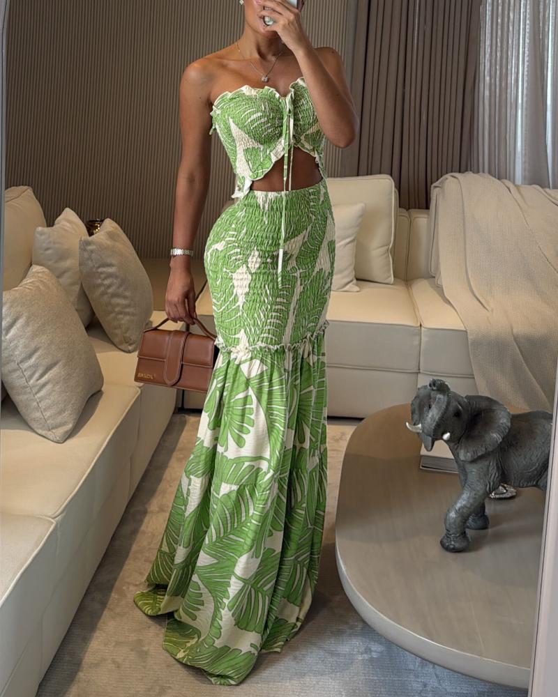 Tropical Print Halter Tie Shirred Frill Trim Cinched Waist Vacation Dress Ruched Cutout Front Slim Fit Ruffle Hem Mermaid Dress, women Maxi Dresses, ChicMe catalog - Image 3