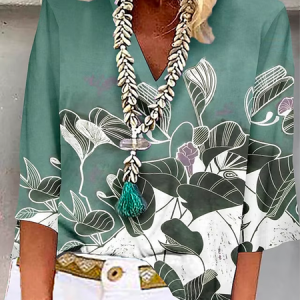 Floral Casual V Neck Blouse, JustFashionNow Blouses, color:Green|size:XXL,