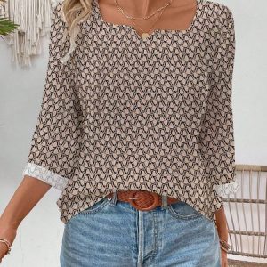 Women Abstract Graphic Three Quarter Sleeve Blouse Spring/Fall Square Neck Daily Casual Top, JustFashionNow Shirts, color:Khaki|size:XXL,