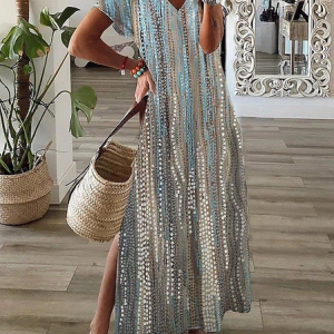 Women Abstract Short Sleeve Summer Dress V Neck Daily Casual Maxi T-Shirt Dress X-Line Dress, JustFashionNow Casual Dresses, color:Blue|size:3XL,