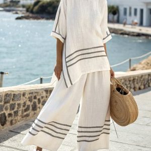 Women Striped Crew Neck Half Sleeve Comfy Casual Two-Piece Set, Jumpsuits&Rompers, color:White|size:4XL, catalog Noracora shop