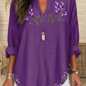 Elegant Long Sleeve Floral Print Loose Comfy Blouse For Women, Blouses, color:Purple|size:4XL, catalog Noracora shop