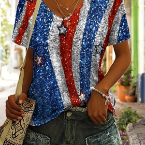 Casual Independence Day (Flag) V Neck Short Sleeve T-shirt, T-shirts, color:Red-Blue|size:XXL, catalog Noracora shop