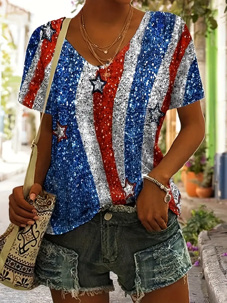 Women Independence Day (Flag) Short Sleeve Tee T-shirt V Neck Printing Casual Summer Graphic Tee Top, JustFashionNow T-Shirts, color:Red-Blue|size:XXL