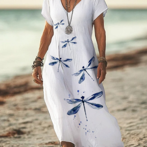Women Dragonfly Short Sleeve Summer Printing Dress V Neck Daily Casual Maxi X-Line Dress, JustFashionNow Casual Dresses, color:White|size:3XL,