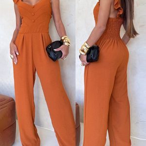 Sleeveless Shoulder Ruffles Waist Jumpsuit Casual Back Shirred Wide Leg Romper, women Jumpsuits, ChicMe catalog