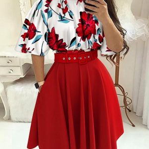 2 Pieces Outfit Floral Print Bell Sleeve Hollow-out Back Shirred Back Hem Top and Casual A-line Skirt Set with Belt, women Two-piece Sets, ChicMe catalog
