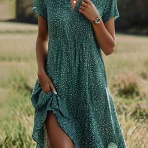 Women Polka Dots Shawl Collar Short Sleeve Comfy Casual Printing Knee Length Dress, Dresses, color:Green|size:M, catalog Noracora shop