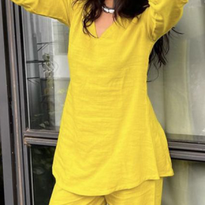Linen Blend Casual Plain V Neck Blouse, Blouses and Shirts, color:Yellow|size:XXL, Stylewe