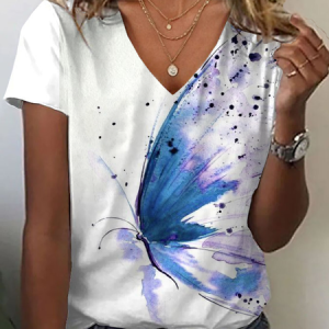 Women Butterfly Short Sleeve Tee T-shirt V Neck Printing Casual Summer Graphic Tee Top, JustFashionNow T-Shirts, color:White|size:XXL,