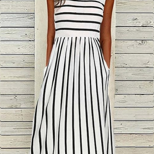 Women Striped Sleeveless Summer Printing Dress Crew Neck Daily Casual Maxi Fit & Flare Dress H-Line Dress, JustFashionNow Casual Dresses, color:White|size:3XL,