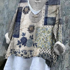 Women Floral Long Sleeve Blouse Spring/Fall Printing V Neck Daily Casual Top, JustFashionNow Blouses, color:As Picture|size:4XL,
