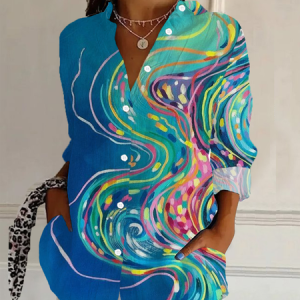 Women Abstract Long Sleeve Shirt Spring/Fall Buckle Shirt Collar Daily Casual Top, JustFashionNow Shirts, color:Blue|size:5XL,