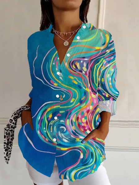 Women Abstract Long Sleeve Shirt Spring/Fall Buckle Shirt Collar Daily Casual Top, JustFashionNow Shirts, color:Blue|size:5XL,