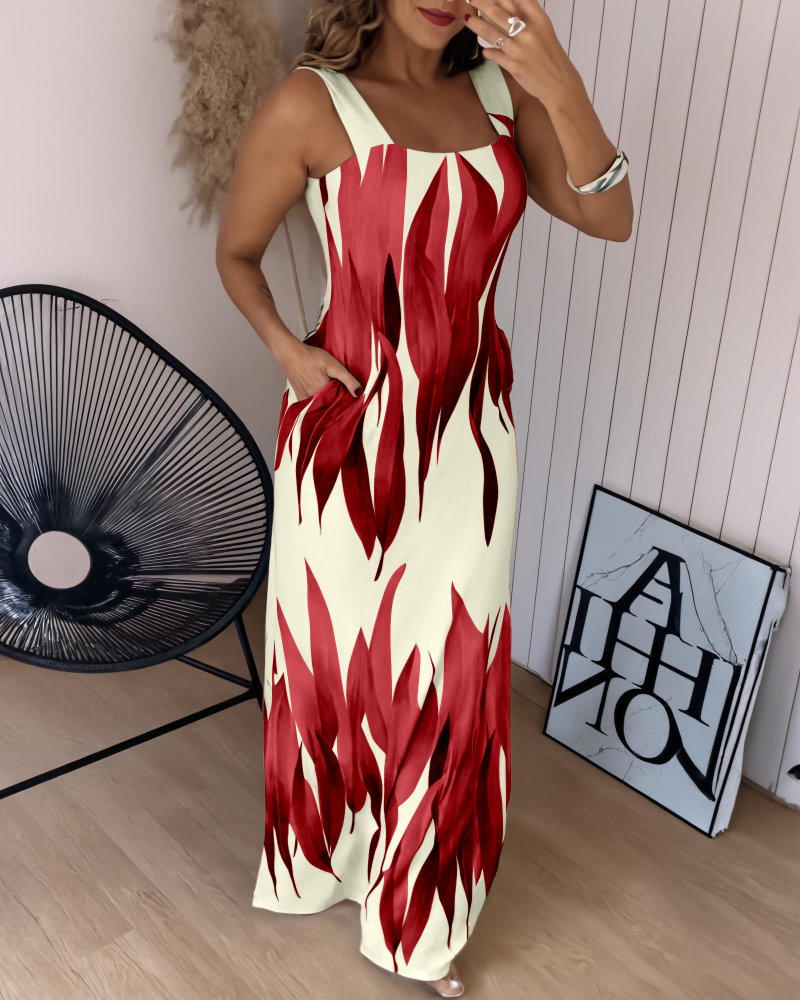 Plants Print Square Neck Thick Strap Maxi Dress Casual Slim Fit Side Slit Vacation Dress with Pockets, women Maxi Dresses, ChicMe catalog - Image 2