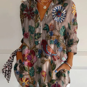 Women Floral Long Sleeve Shirt Spring/Fall Buckle Shirt Collar Daily Casual Top, JustFashionNow Shirts, color:Brown|size:4XL,