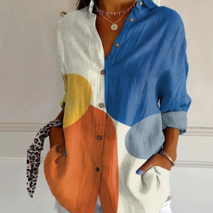 Women Multicolor Block Long Sleeve Shirt Spring/Fall Buckle Shirt Collar Daily Casual Top, JustFashionNow Shirts, color:As Picture|size:XXL,