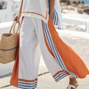 Casual Striped Printing Wide Leg Fashion Pants, Pants, color:As Picture|size:XXL, Stylewe