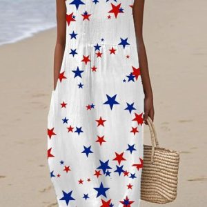 Women America Flag Summer Dress Crew Neck Sleeveless A-Line Dress, Dresses, color:White|size:4XL, catalog Noracora shop
